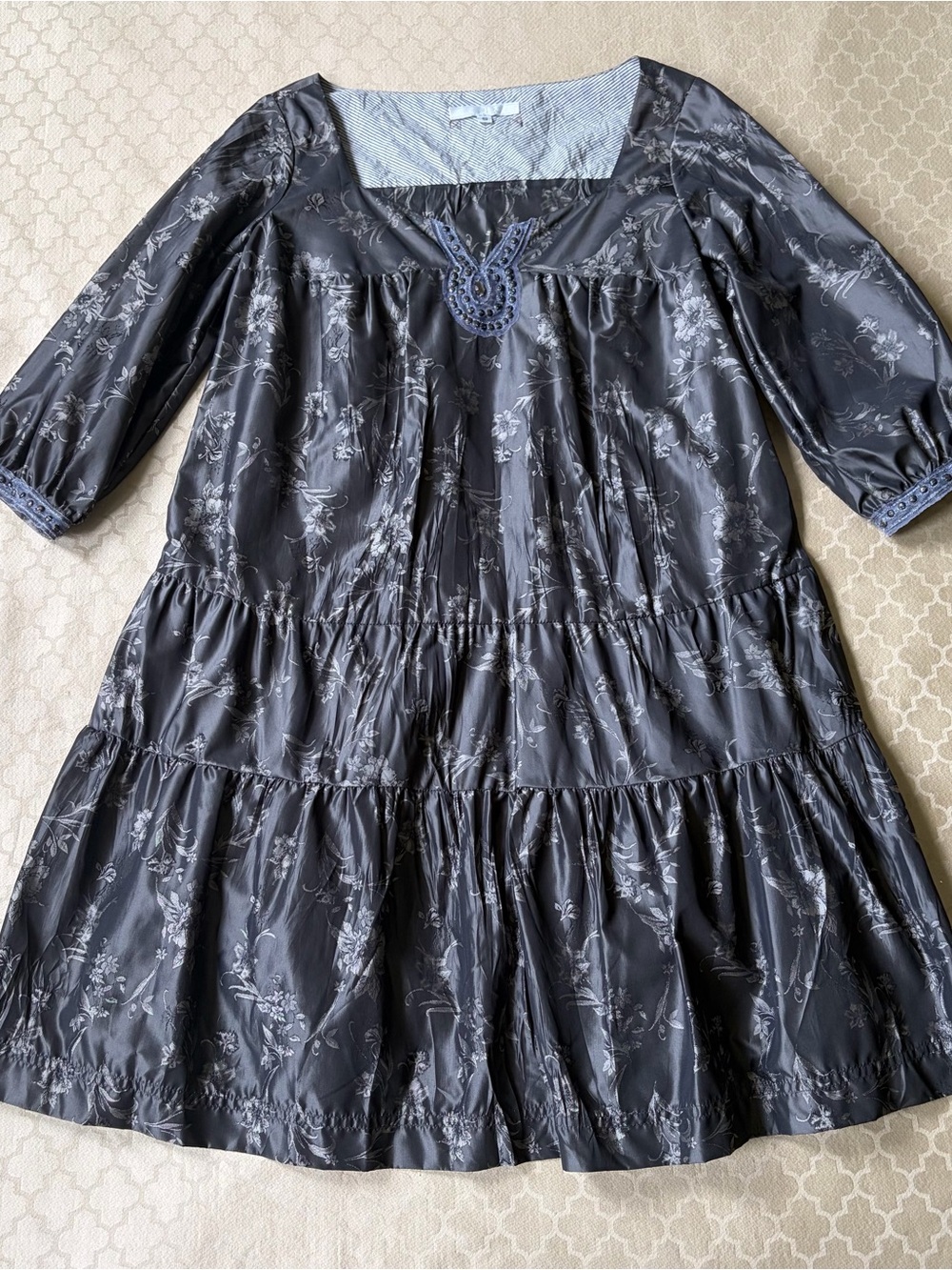 3J Workshop Johnny Was Tiered Organza Metallic 3/4 Sleeve Dress Size Small